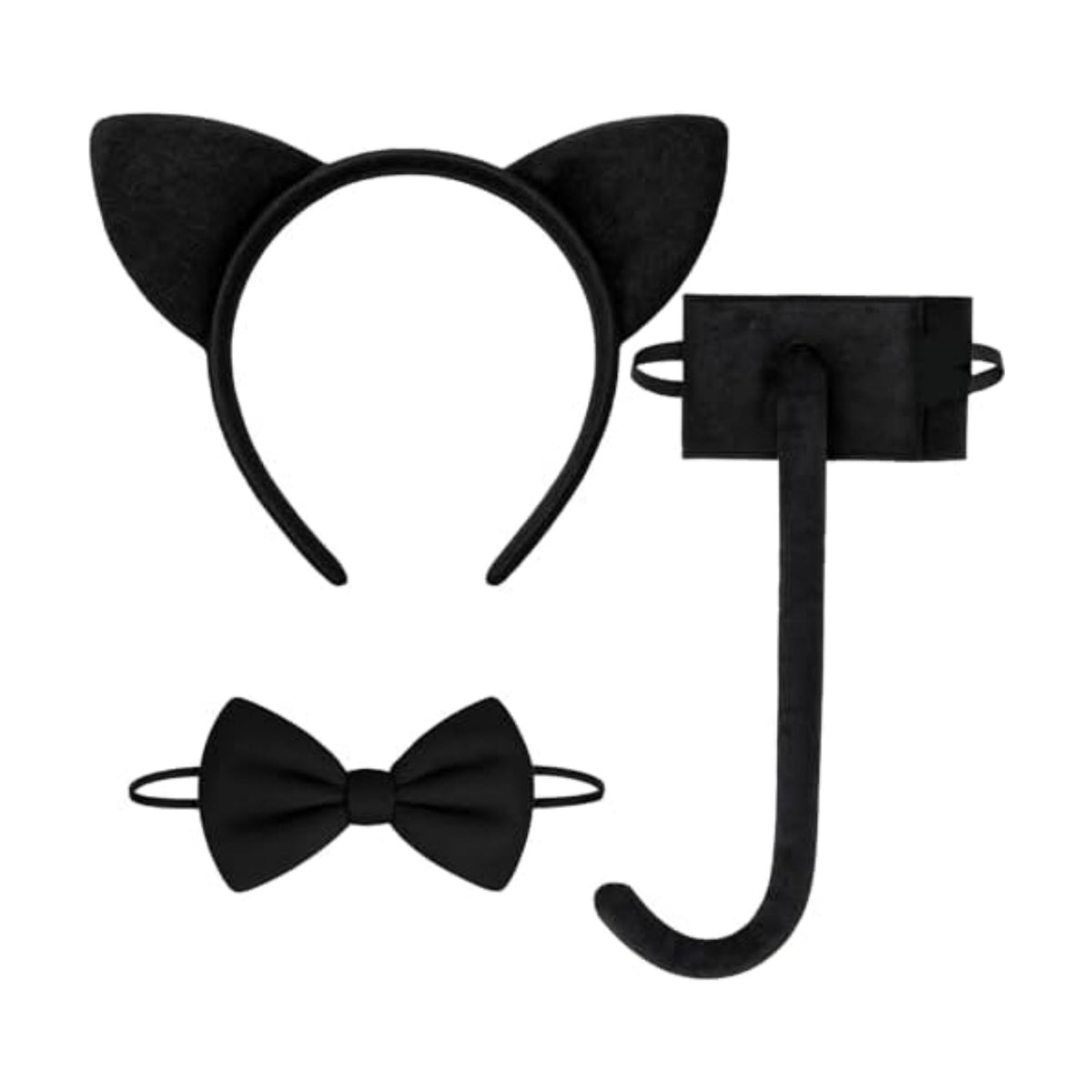 3 Pieces Black Cat Ears Headband Costume Accessories Set – Cat Ears Headwear, Tail, and Bow Tie for Halloween, Animal Cosplay, School Plays, and Dress-Up Parties for Kids and Adults
