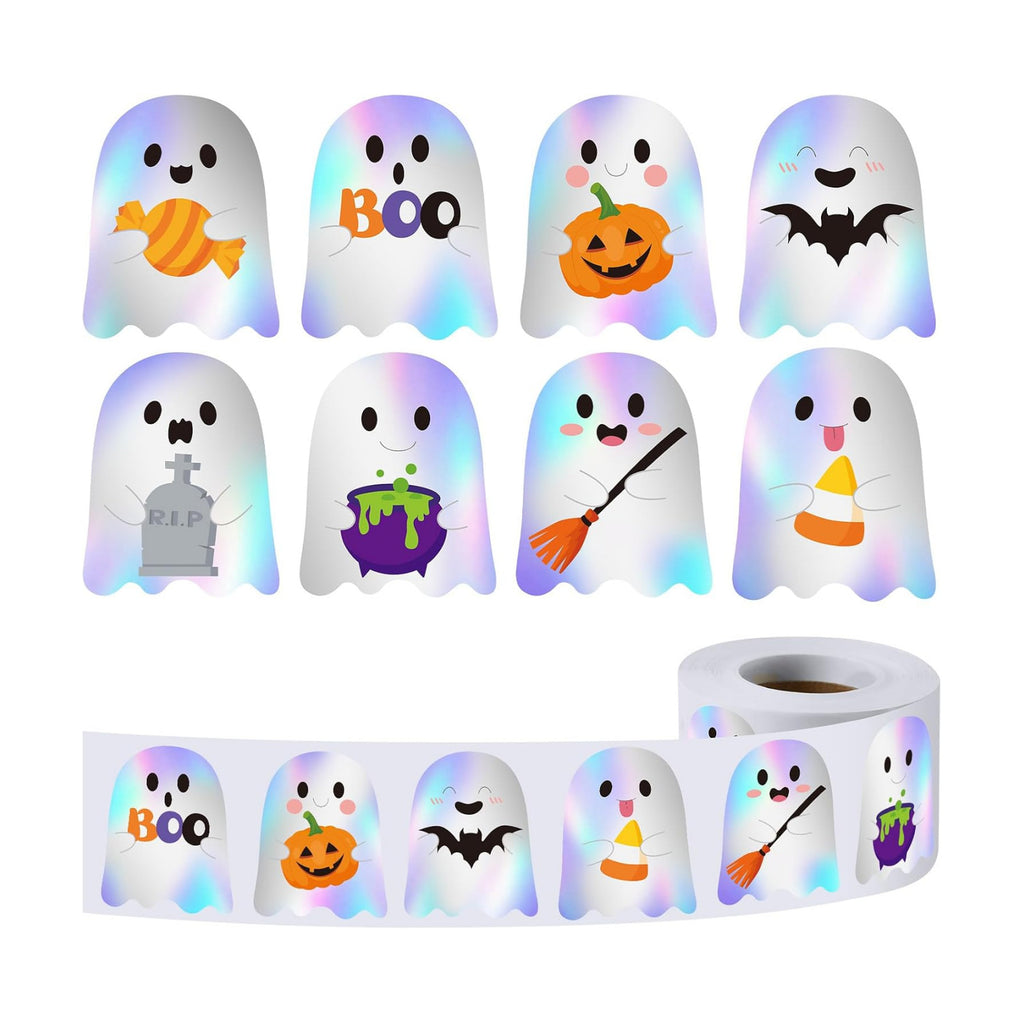 FEBSNOW 600Pcs Halloween Stickers, Holographic Ghost Decals for Kids