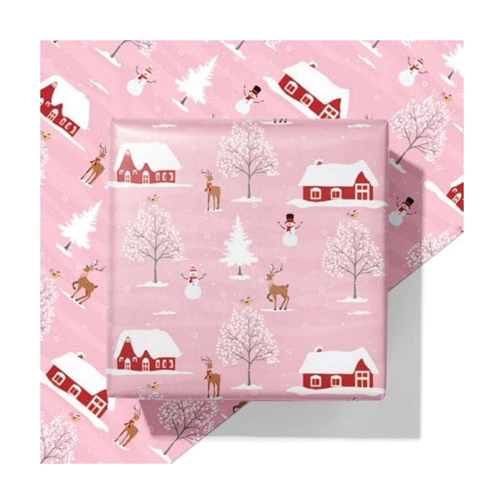 Cuitpan Pink Christmas Wrapping Paper - Xmas Gift Wrap with Snowy Houses, Reindeer, Snowmen & Trees Design - Perfect for Kids & Adults Gift Wrapping - 40×28 Inches, 4 Folded Sheets