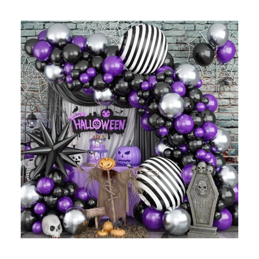 Halloween Balloon Garland Arch Kit, 135PCS Nightmare Theme Balloons,Purple Black Silver Balloons with Foil Starburst Balloon for Spooky Party, Dark Style Birthday, Gothic Theme Party Decor
