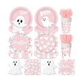 Halloween Paper Plates and Napkins, 144Pcs Pink Halloween Decor Ghost Plates and Napkins Cute Boo Ghost Tableware Set for Hallo-ween Birthday Party Decorations Boo Baby Shower Party Supplies (Pink)