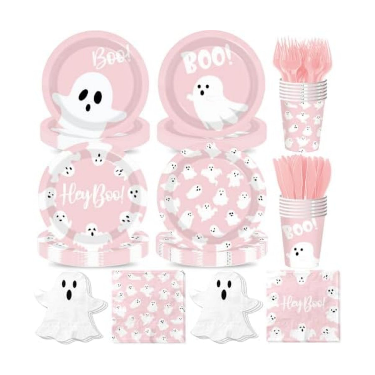 Halloween Paper Plates and Napkins, 144Pcs Pink Halloween Decor Ghost Plates and Napkins Cute Boo Ghost Tableware Set for Hallo-ween Birthday Party Decorations Boo Baby Shower Party Supplies (Pink)