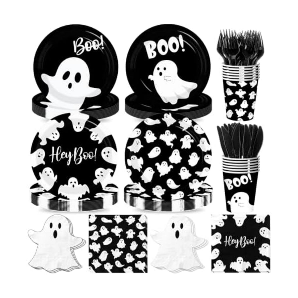 Halloween Paper Plates and Napkins, 144Pcs Black Ghost Plates and Napkins Cute Boo Ghost Tableware Set for Halloween Birthday Party Decorations Boo Baby Shower Party Supplies (Black)