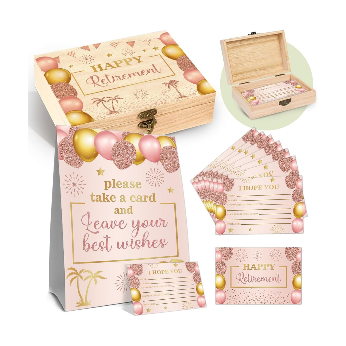 Pink Gold Retirement Card, Happy Wishes Card Box, Happy Retirement Present, 50 Double Sided Hope Cards with Wooden Boxes, Pink Gold Memory Box & Wishes Cards, Retiree Decorations for Men Women
