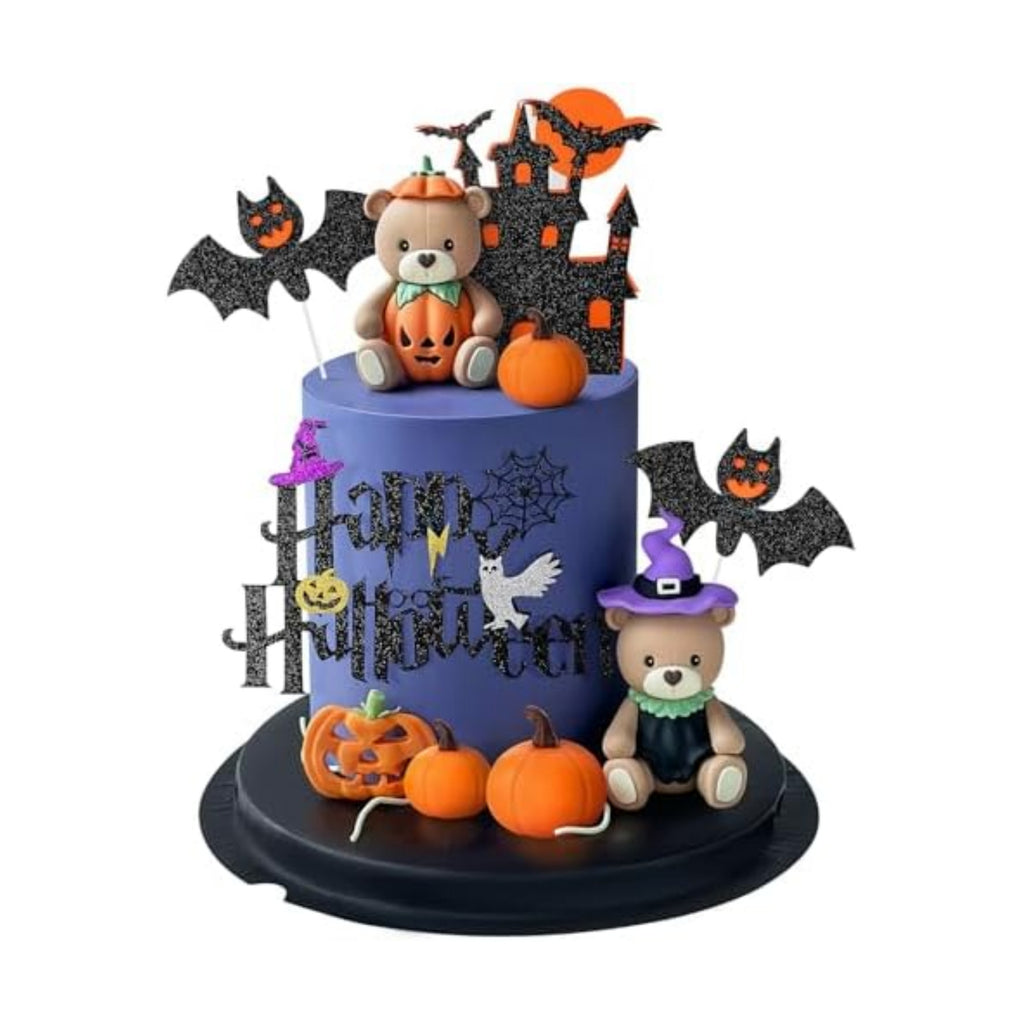 9 PCS Halloween Cake Topper Witch Bear Cake Topper Pumpkin Bat Cake Decorations with Happy Halloween Cake Decorations for Scary Party Supplies