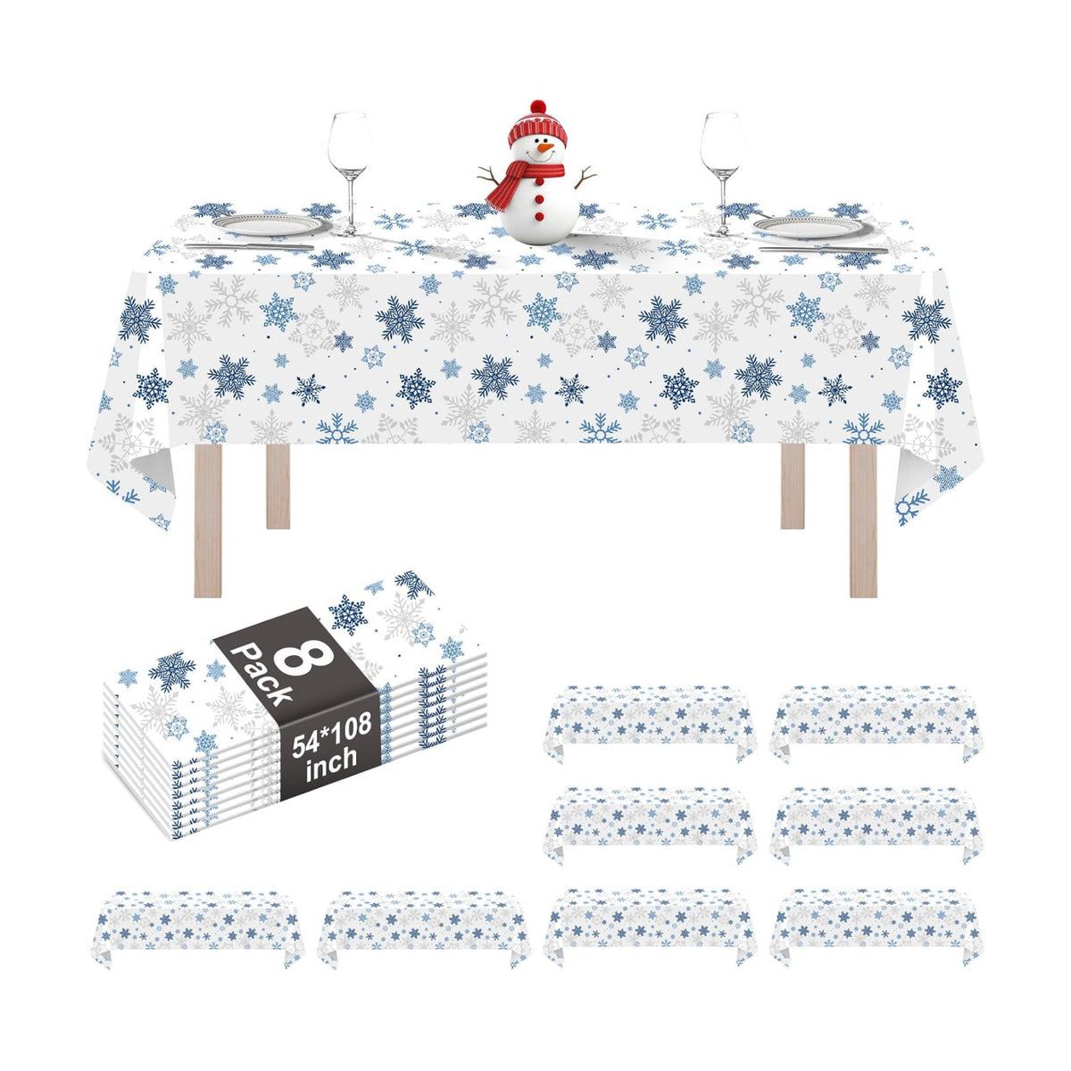 8 Pack Christmas Blue Snowflake Plastic Tablecloth 54" x 108" Disposable Christmas Table Cloths for 6 to 8 Foot Tables Rectangle Table Cover for Parties (Blue Snowflake, Rectangle)