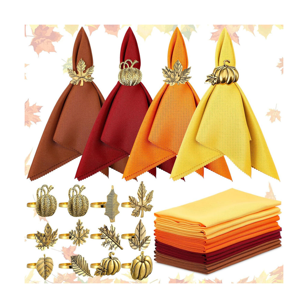 Willbond 32 Pcs Fall Thanksgiving Napkin Rings Napkins Set, Holiday Decor