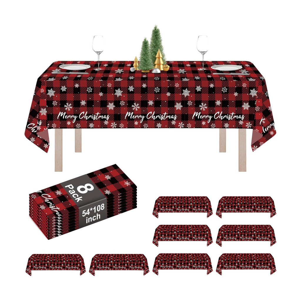 8 Pack Christmas Red Checkered Snowflake Plastic Tablecloth 54" x 108" Disposable Christmas Table Cloths for 6 to 8 Foot Tables Rectangle Table Cover for Parties (Red Checkered Snowflake, Rectangle)