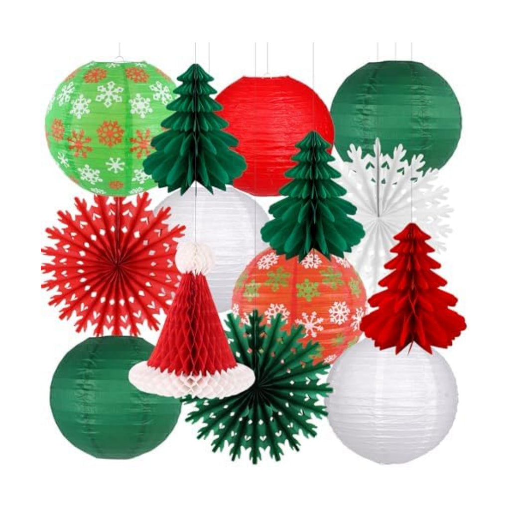 Christmas Party Decorations Paper Lanterns Honeycomb Santa Hat Tree Paper Fans for Christmas Birthday Party New Year Holiday Wall Home Decor