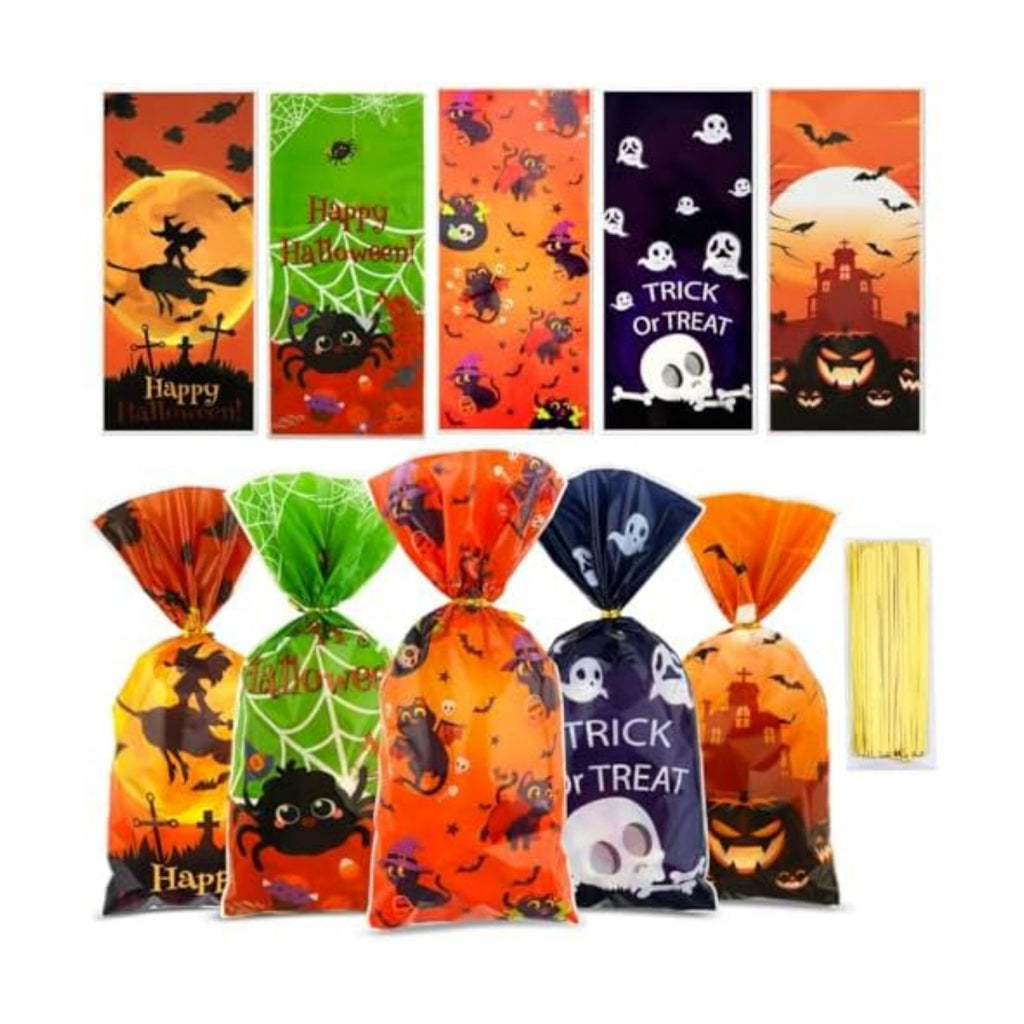 Halloween Treat Bags,Halloween Goodie Bags,100 Pcs Candy Bag Trick or Treat Gift Bag with Ties for Kids Clear Cellophane Goody Favor Gifts for Snacks Cookies Packing Party Favors Decorations Supplies