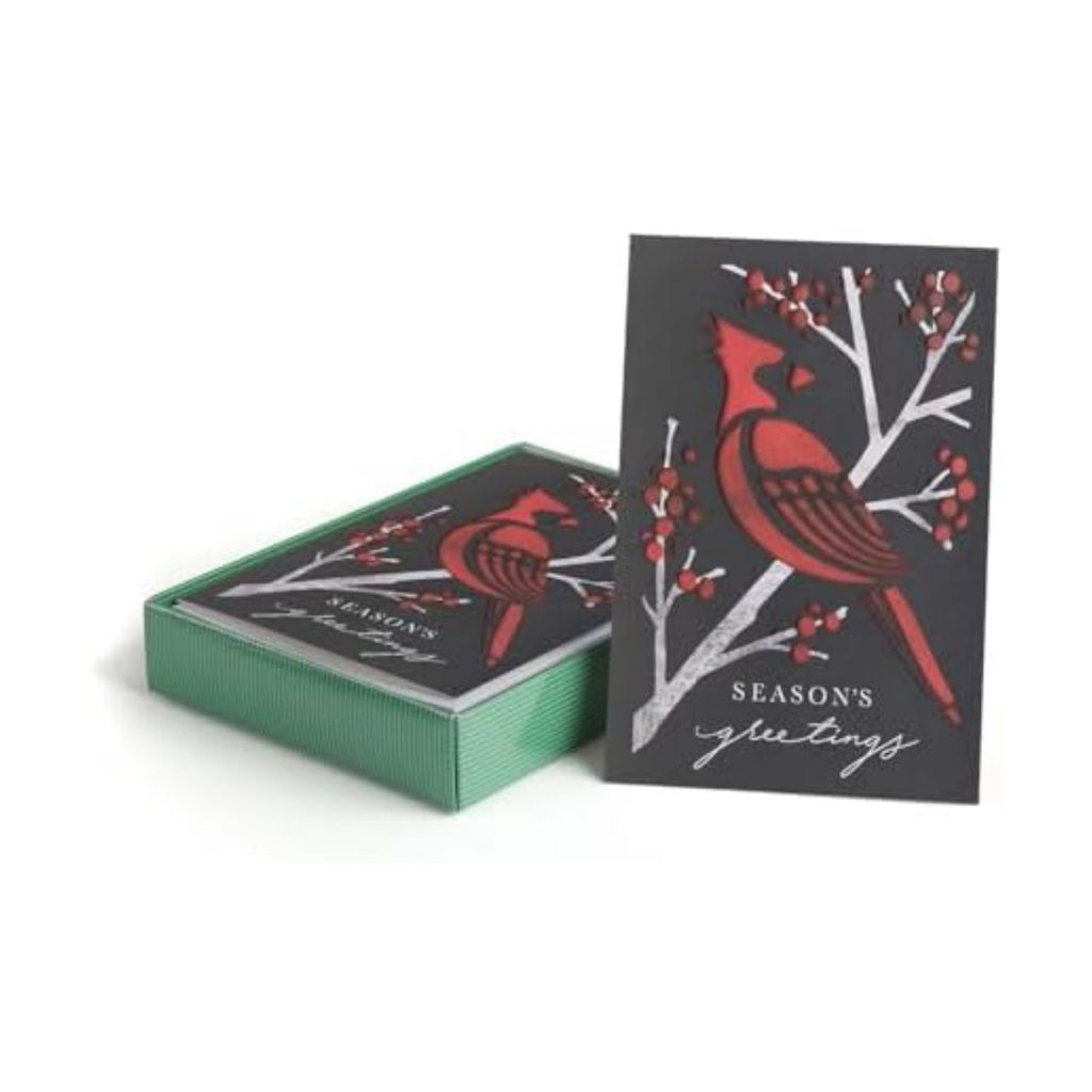 Masterpiece Striking Cardinal Holiday Cards / 10 Boxed Laser Cut Red Christmas Bird Cards With Coordinating Envelopes / 5" x 7" Folded Winter Seasonal Greeting Card Pack With Inside Verse