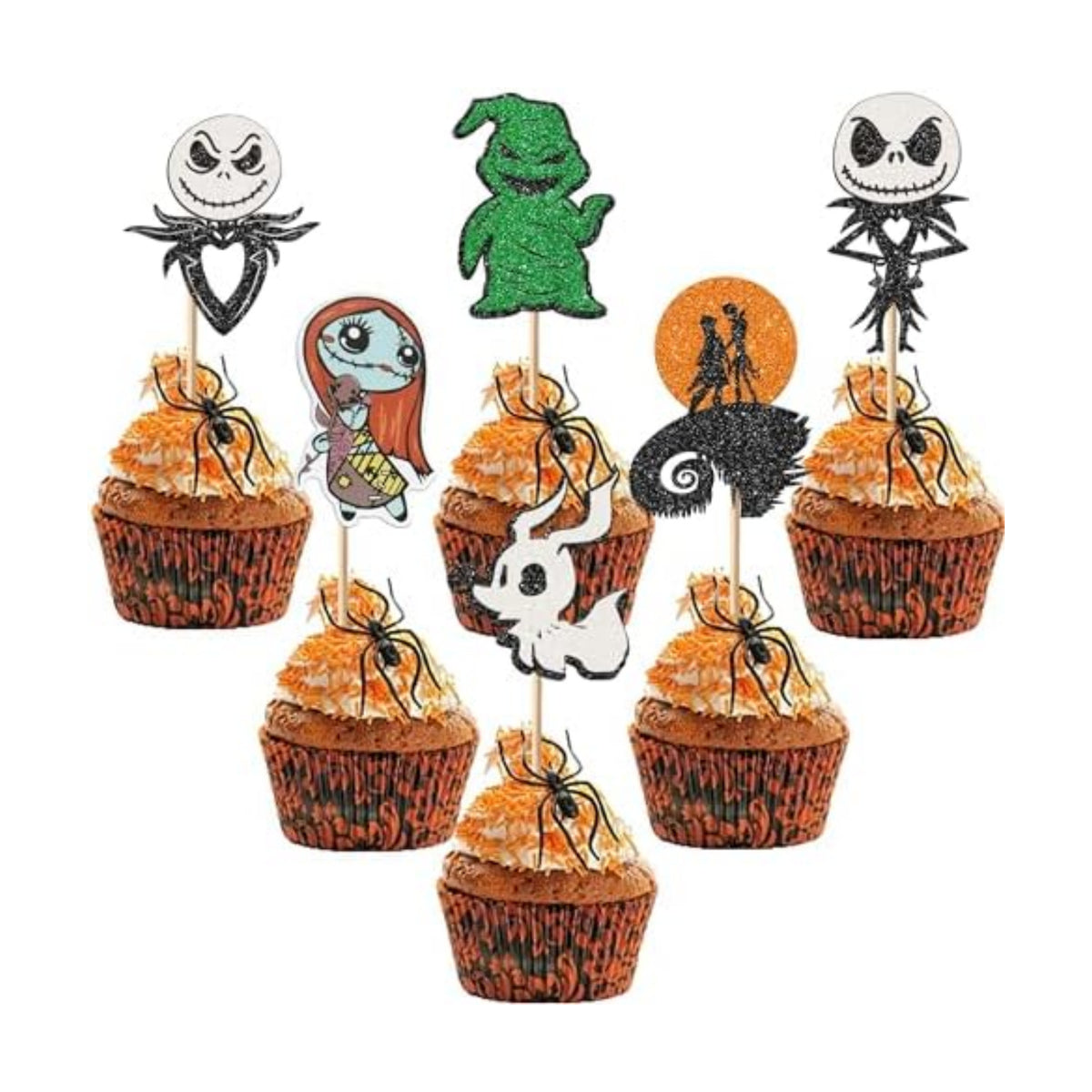 Rsstarxi 24 Pack Jack Skellington Halloween Cupcake Toppers Glitter Skull Ghost Cupcake Picks Decorations for Halloween Horrible Baby Shower Birthday Party Cake Decorations