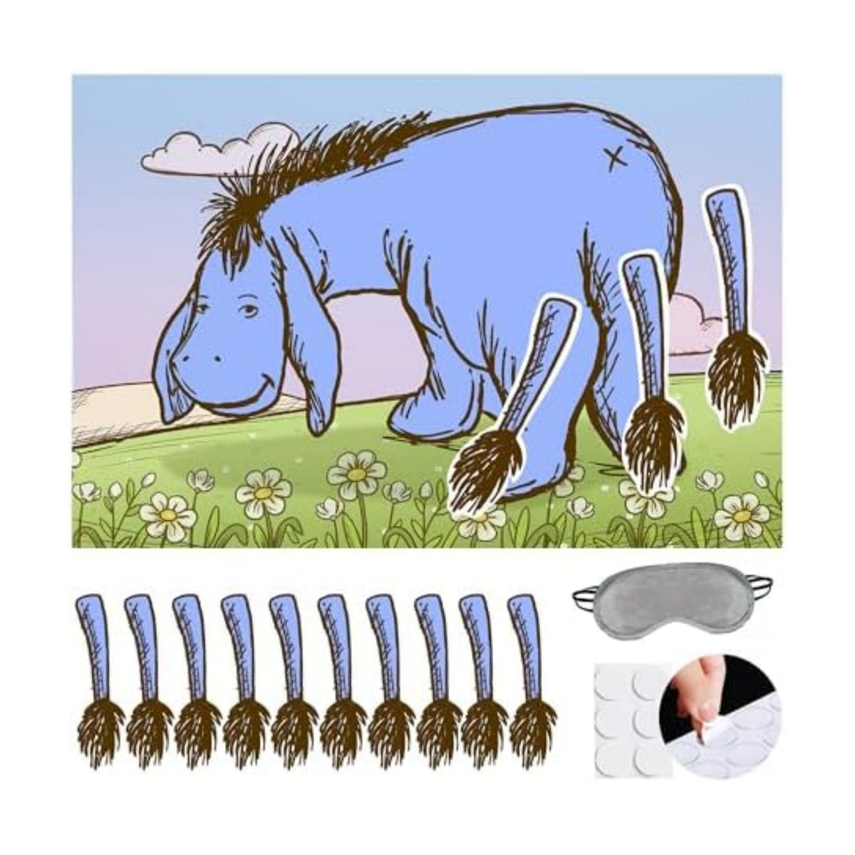 Winnie Pin The Tail On Eeyore Donkey Fun Party Game for Pooh Baby Shower Birthday Decorations, Pin The Tail On Donkey Poster with 20 Tail Stickers and Blind Fold.