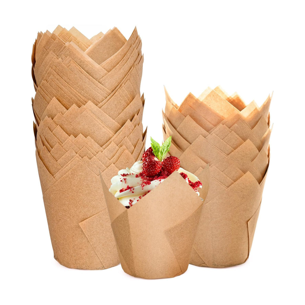 200pcs Natural Tulip Cupcake Liners, Premium Muffin Liners Holders for Baking Cups, Greaseproof Cupcake Wrappers in Standard Size, Classic Parchment Paper Cupcakes Liner by JIRNGLA