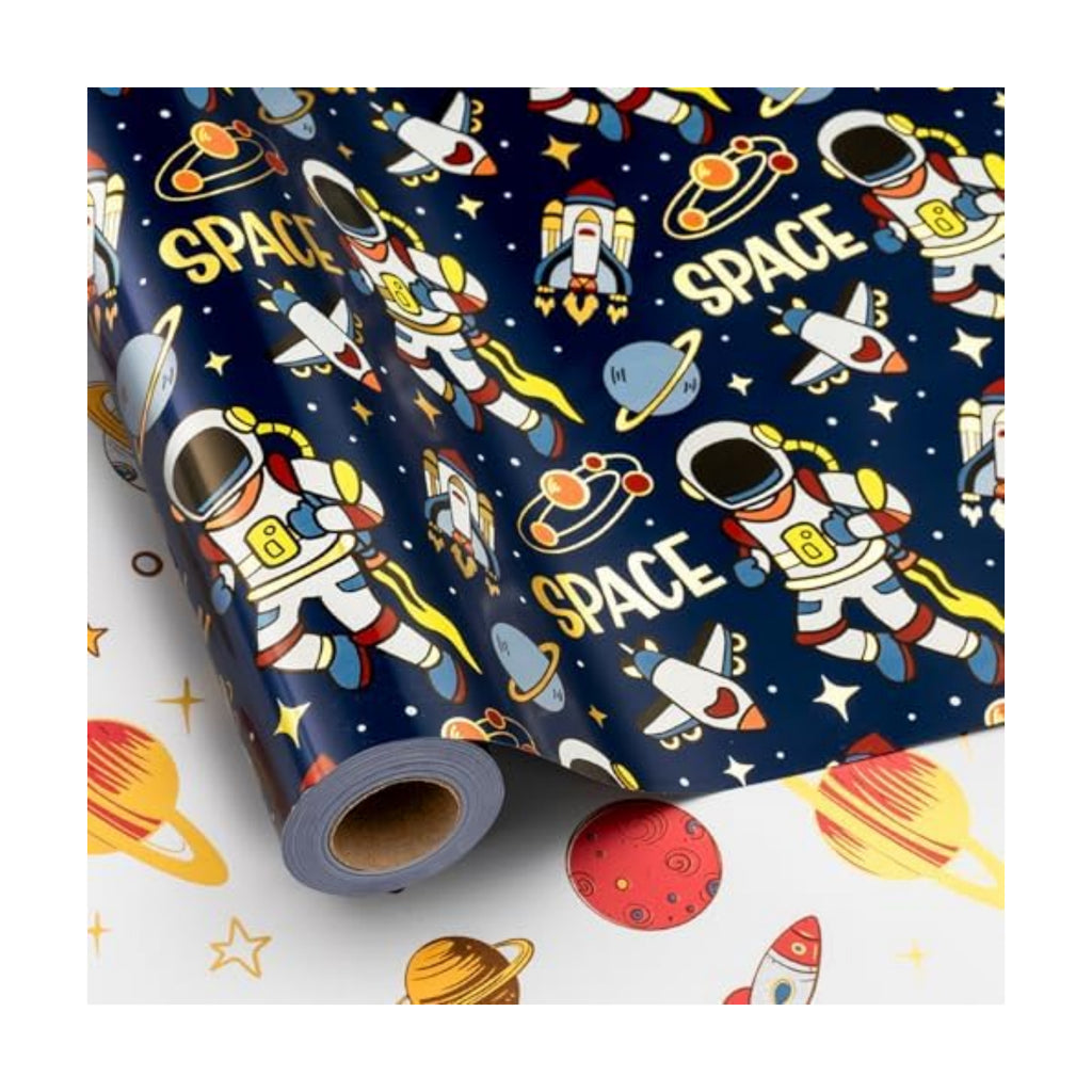 Yarcony Space Wrapping Paper Roll, Birthday Wrapping Paper for Boys, Navy Blue Astronaut Gift Wrap for Kids Birthday Outer Space Party Decor RocketShip Wrap Galaxy Planets Stars (30 Inch X 33 Feet)