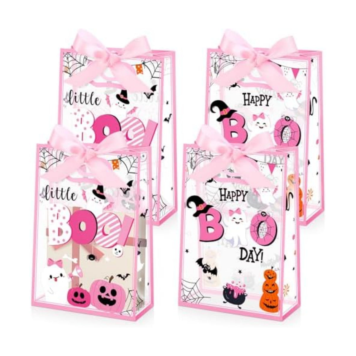 Capoda 24 Pcs Boo Pink Gift Bags Plastic Die Cut Handles with Ribbon