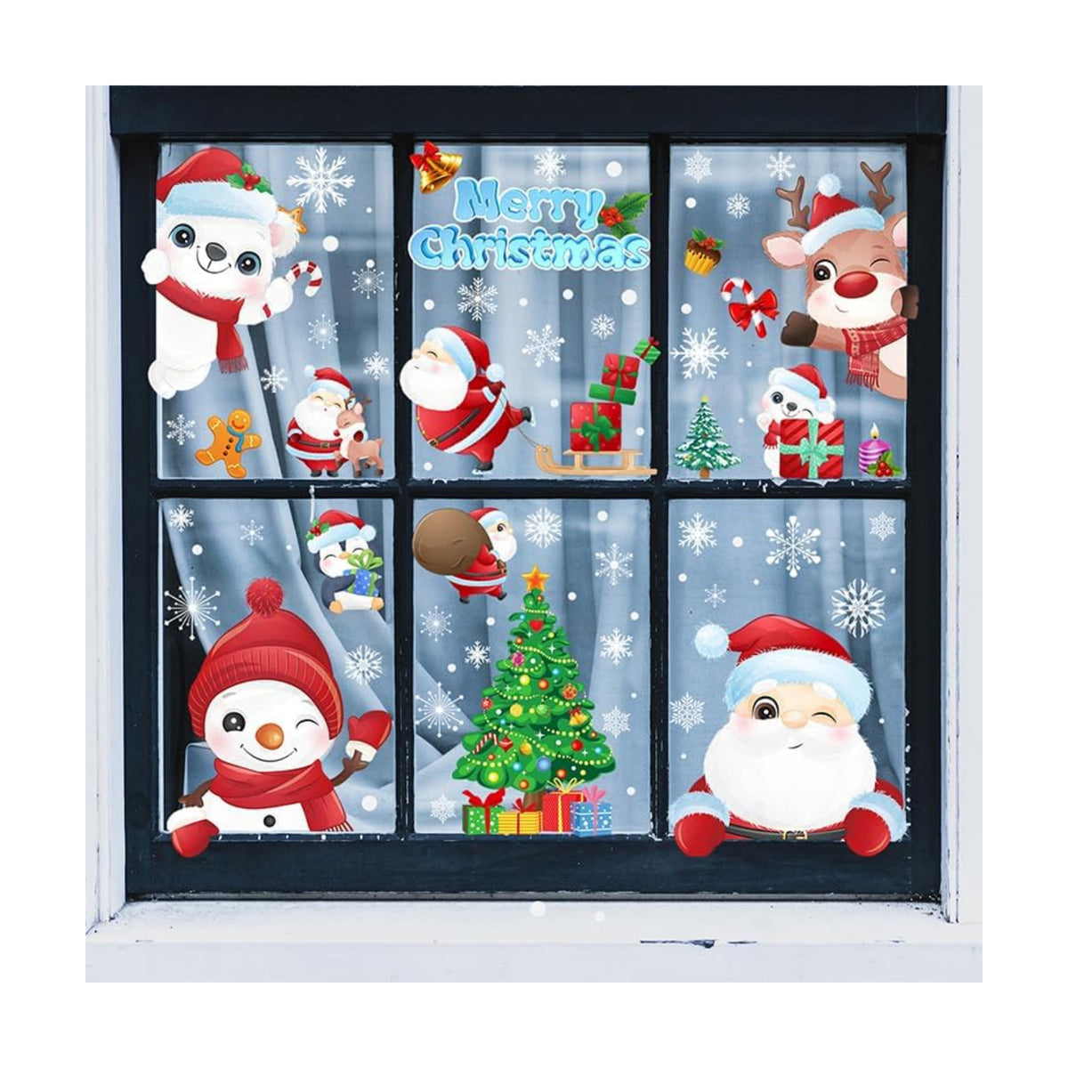 192Pcs Christmas Window Clings for Glass Windows, 9 Sheet Christmas Window Stickers Santa Claus Snowman Reindeer for Xmas Holiday Indoor Decals Party Supplies
