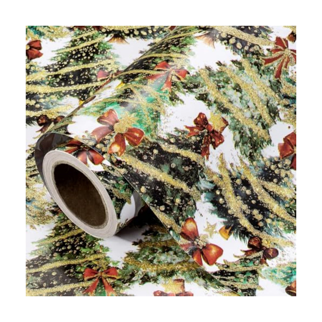 RUSPEPA Glitter Foil Christmas Wrapping Paper Roll, Mini Roll, Festive Holiday Tree Design with Red Bows & Lights Design Gift Wrap for Kids, Girls, Women, Friends, Xmas Presents, 17 Inches x 16.4 Feet