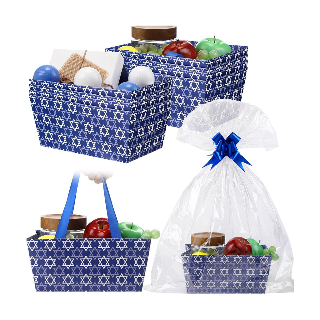 Moinchore 12 Pcs Rosh Hashana Basket for Gifts Blue Empty 9.8x6.5'' Star of David Market Tray Cardboard Basket with Bows, Cellophane Bags, Empty to Fill for Holiday Hanukkah Birthday Wedding Party