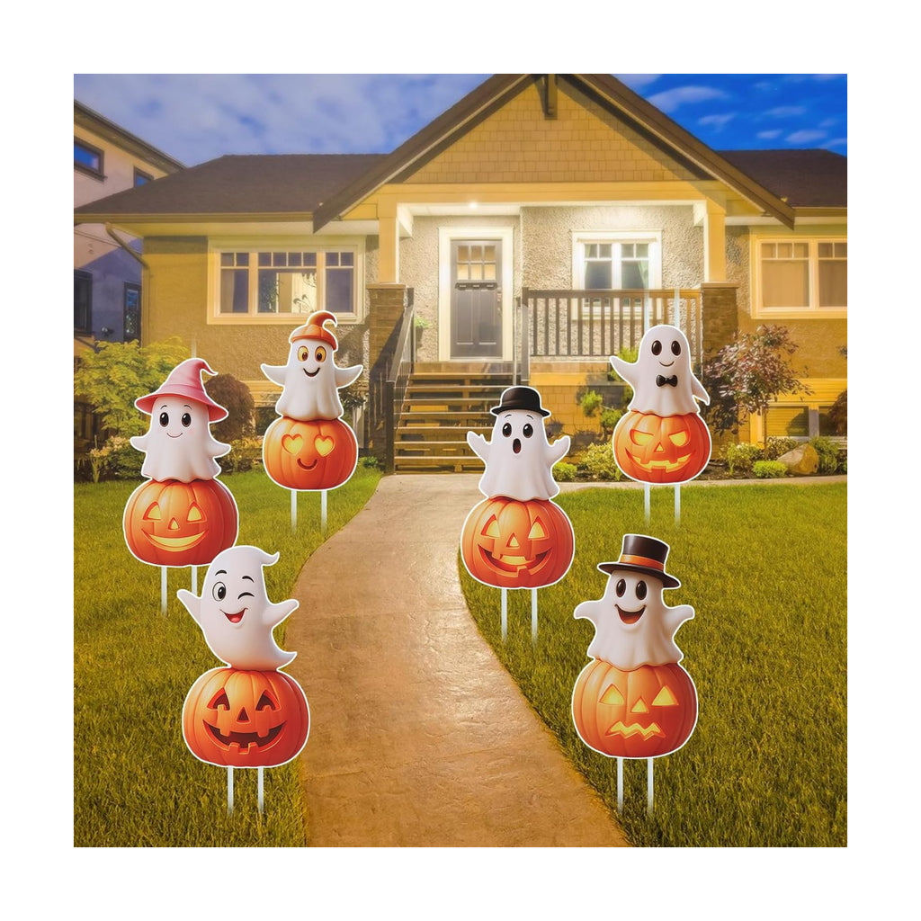 Outdoor Halloween Yard Signs, 6 PCS Cute Pumpkin Ghost Halloween Yard Stakes Kids Friendly for Lawn Garden Outside Home Decor