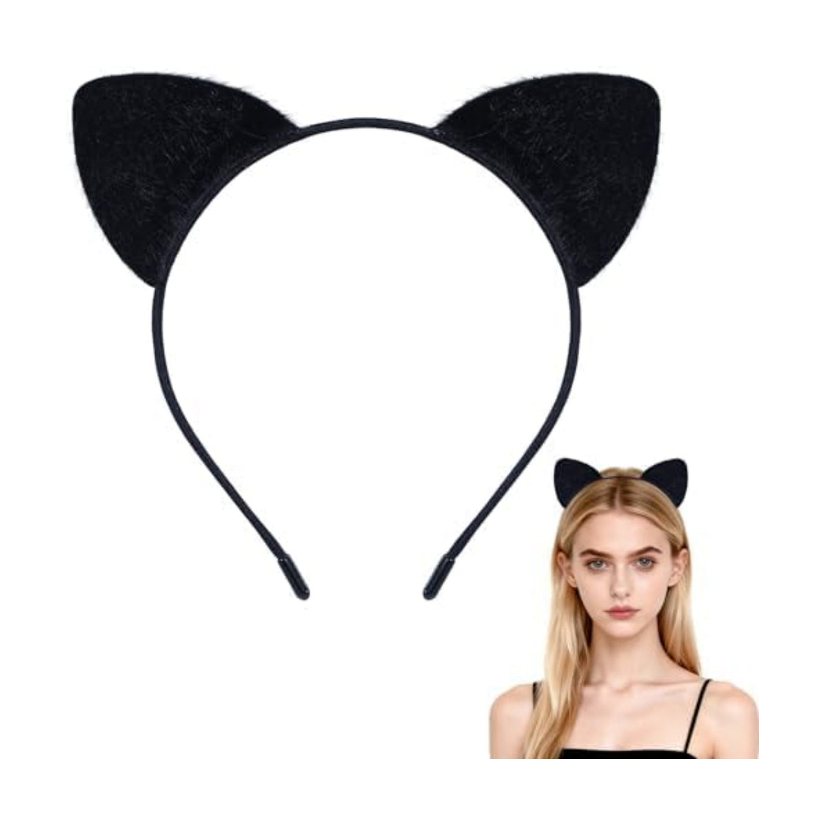 Furry Cat Ears Headband Women, Black Kitty Ear Cat Accessories for Halloween Cat Woman Costume Outfit