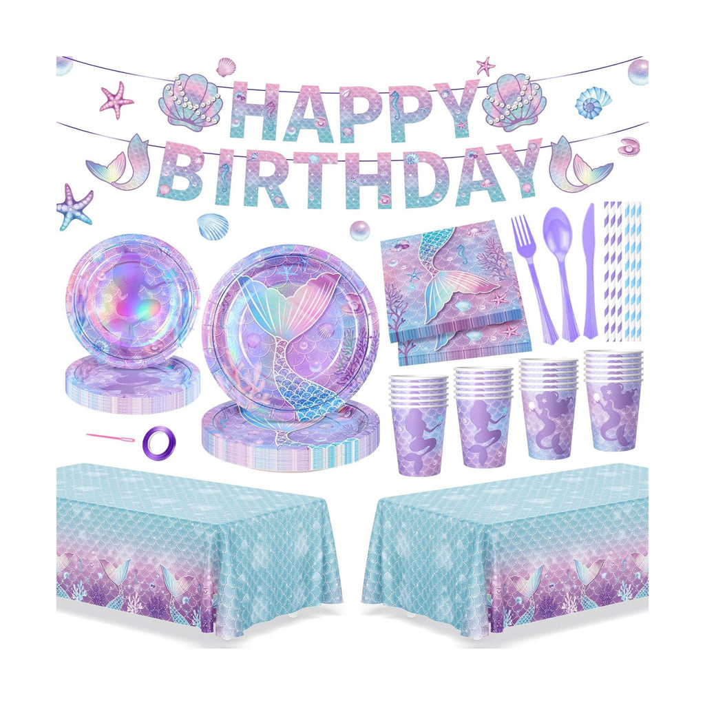 195Pcs Mermaid Birthday Party Decorations, Mermaid Tableware Party Supplies