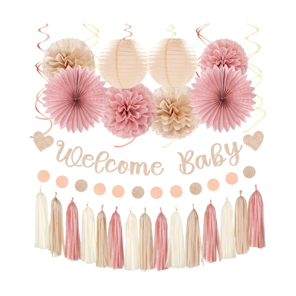 Blush-Pink Rose-Gold Fall Baby-Shower Party-Decorations - 31pcs Welcome Home Banner Sign,Neutral Paper Lanterns,Girl Streamers Garland,Boho Hanging Tissue Pom Poms Flowers Fans Backdrop Decor Burgleda