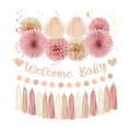 Blush-Pink Rose-Gold Fall Baby-Shower Party-Decorations - 31pcs Welcome Home Banner Sign,Neutral Paper Lanterns,Girl Streamers Garland,Boho Hanging Tissue Pom Poms Flowers Fans Backdrop Decor Burgleda