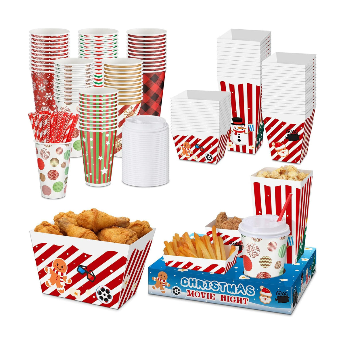 Bokon 172 Pcs/ 24 Sets of Christmas Movie Night Snack Trays 3 Sizes Snack Boxes, 16 oz Disposable Drinks Cups, 50 Straws, Complimentary Sealing Stickers for Cinema Party Decoration Family Gatherings