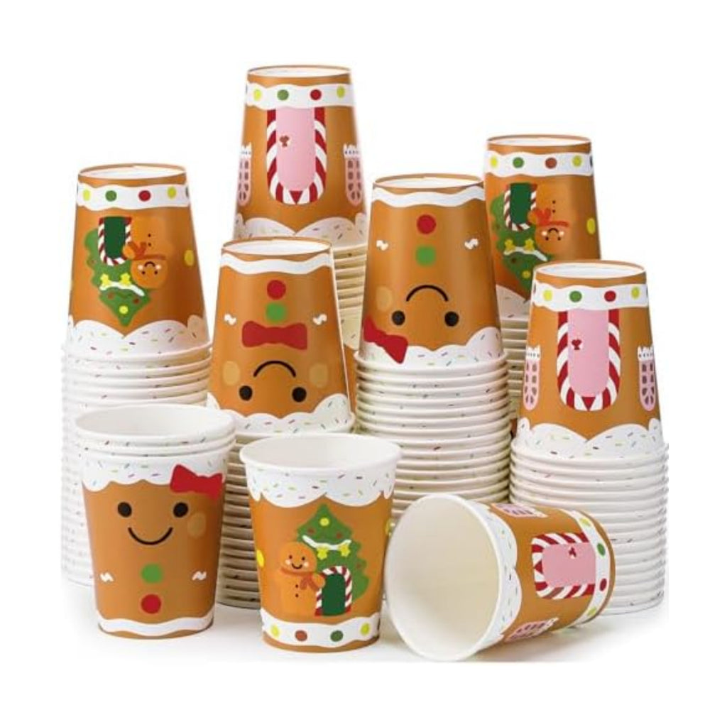 Funtery 100 Pcs Gingerbread Man Paper Cups, 9 oz Christmas Disposable Cups