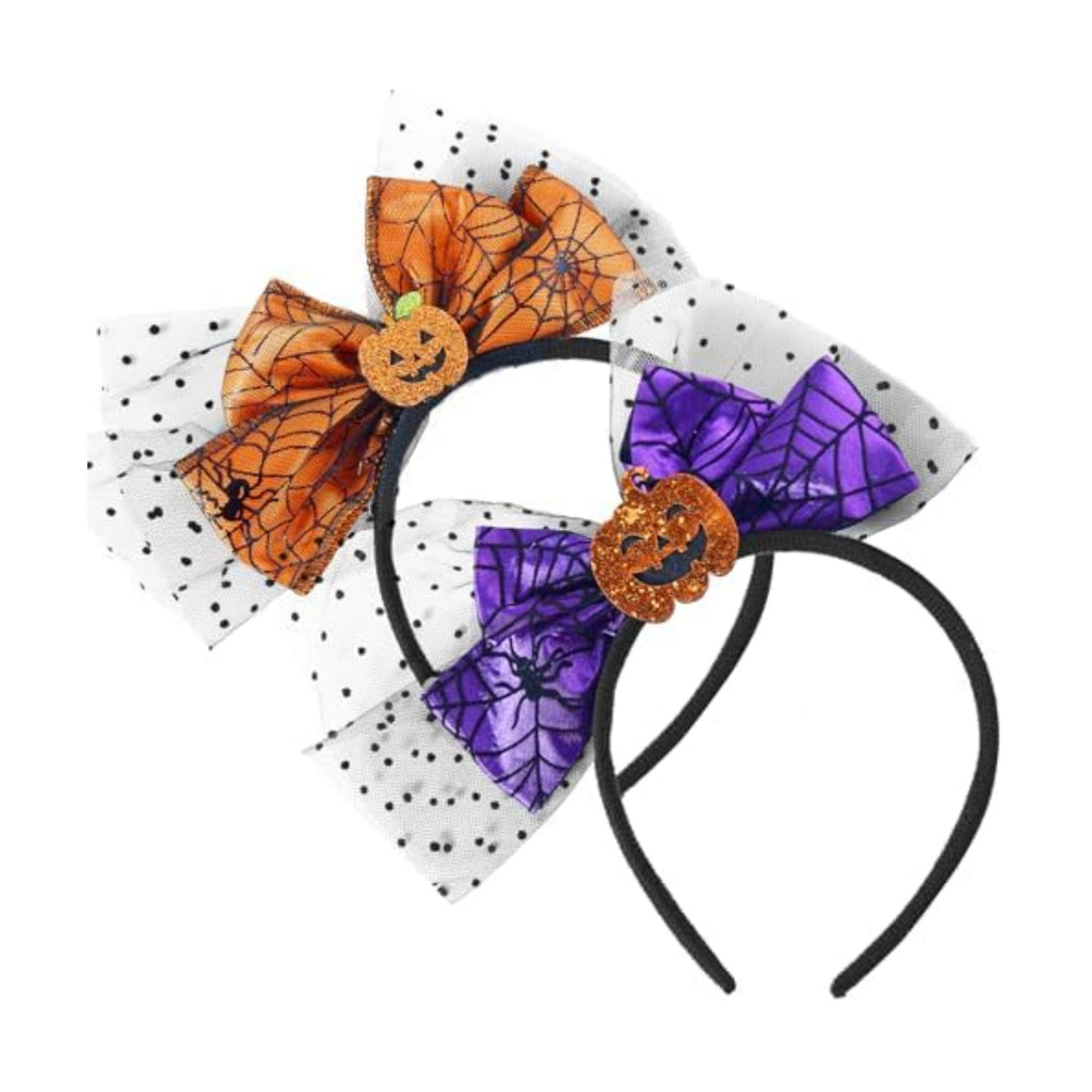 Halloween Headbands with Pumpkin and Spider Web, 2 Pack Orange and Purple Headband with Big Bow, Hairbands Hair Hoop Halloween Spooky Hair Accessories for Women Girls Kids