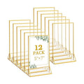 Floroom 12 Pack 5x7 Inch Clear Acrylic Sign Holders, Double-Sided Gold Display Stand Picture Frames for Table Numbers, Menus, Flyers, Weddings, and Offices