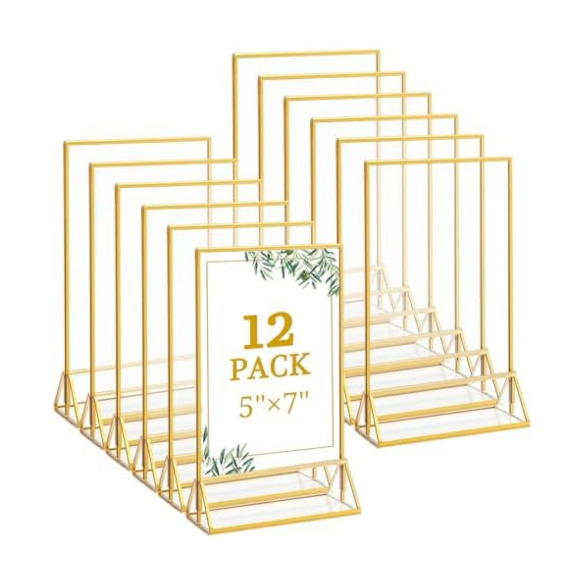 Floroom 12 Pack 5x7 Inch Clear Acrylic Sign Holders, Double-Sided Gold Display Stand Picture Frames for Table Numbers, Menus, Flyers, Weddings, and Offices