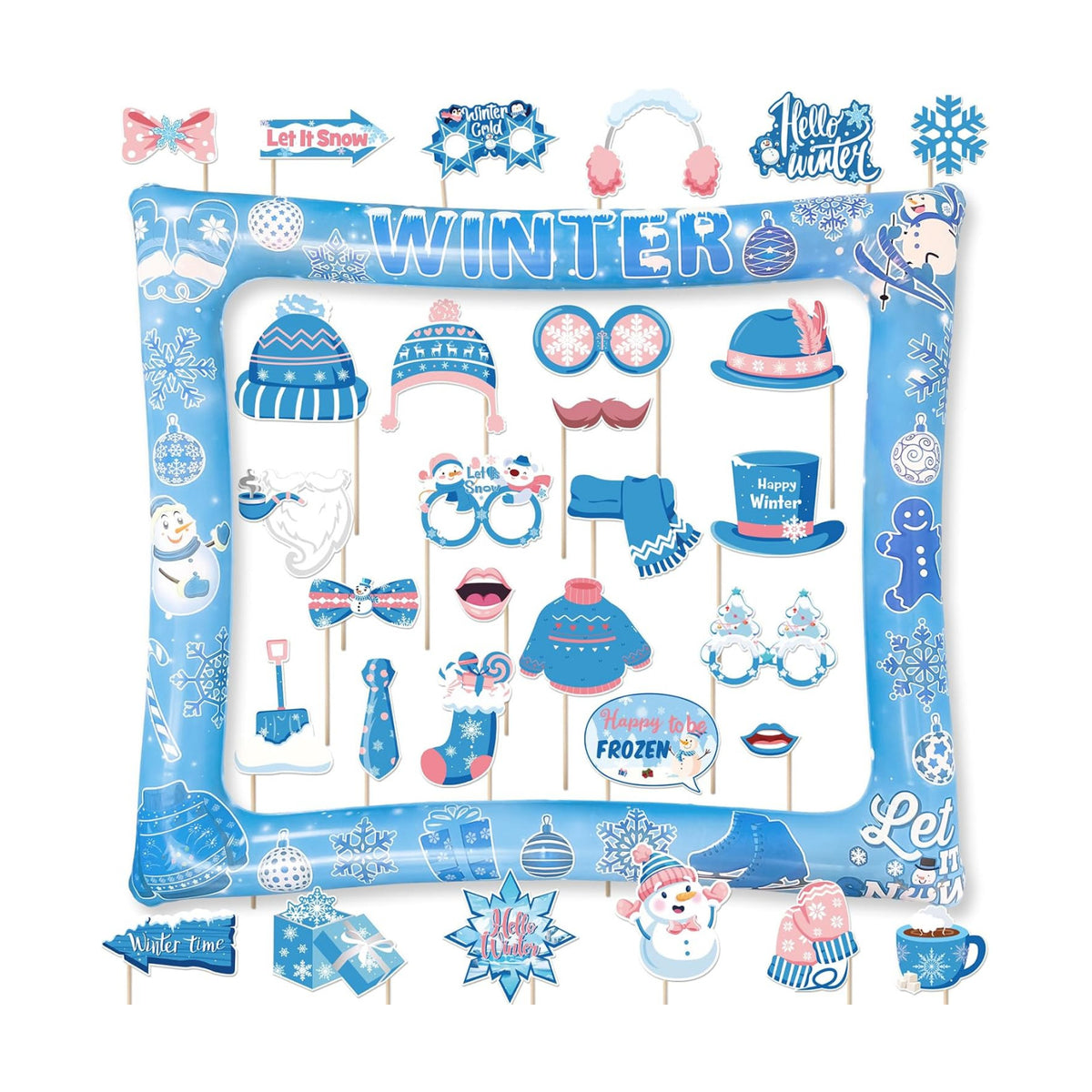 Winter Photo Booth Props Inflatable Frame, 30Pcs Winter Wonderland Photo Props with Inflatable Picture Frame Large for Frozen Holiday Party Selfie Supplies