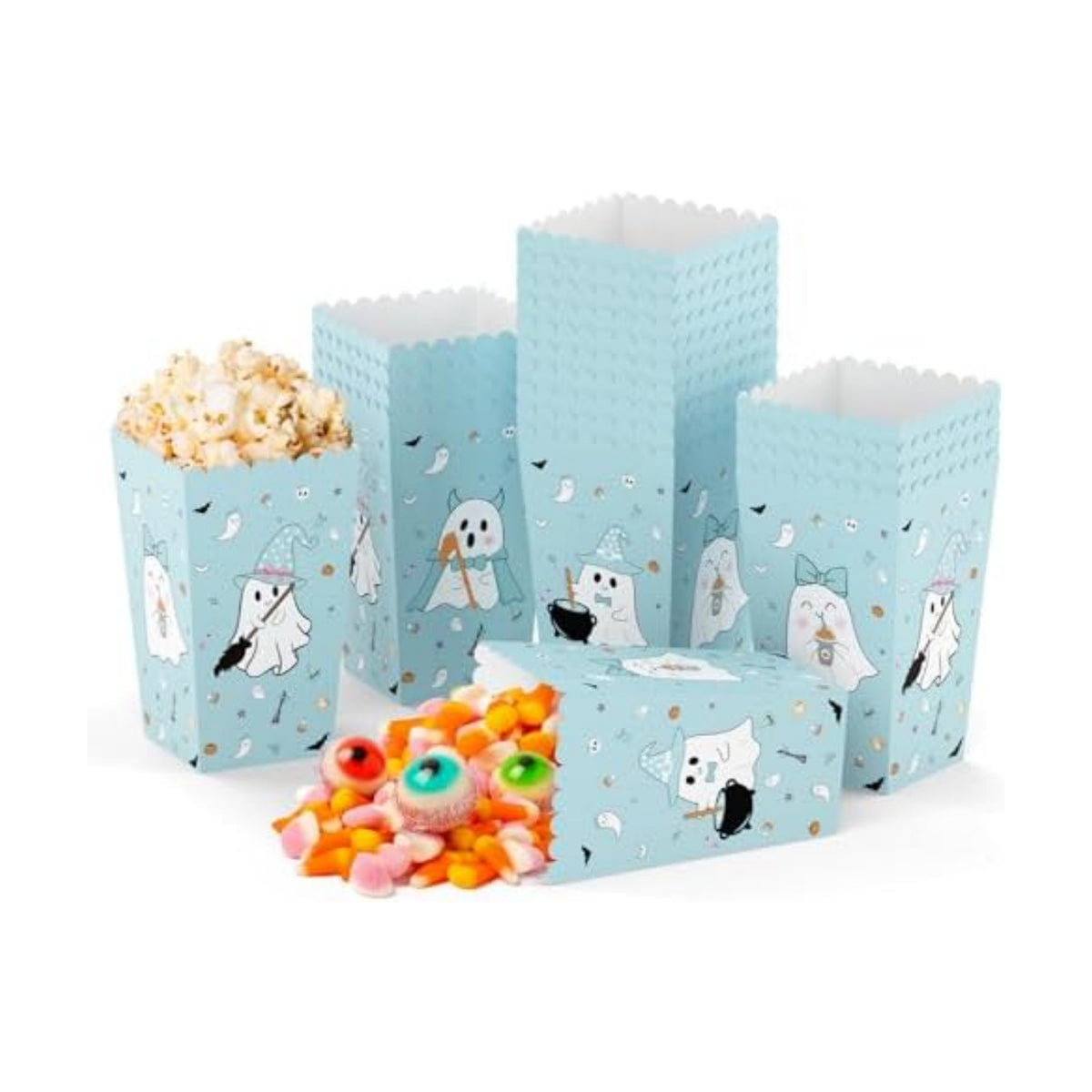 K KUMEED 24 PCS Halloween Popcorn Favor Boxes, Cute Ghost Popcorn Bowls, Blue