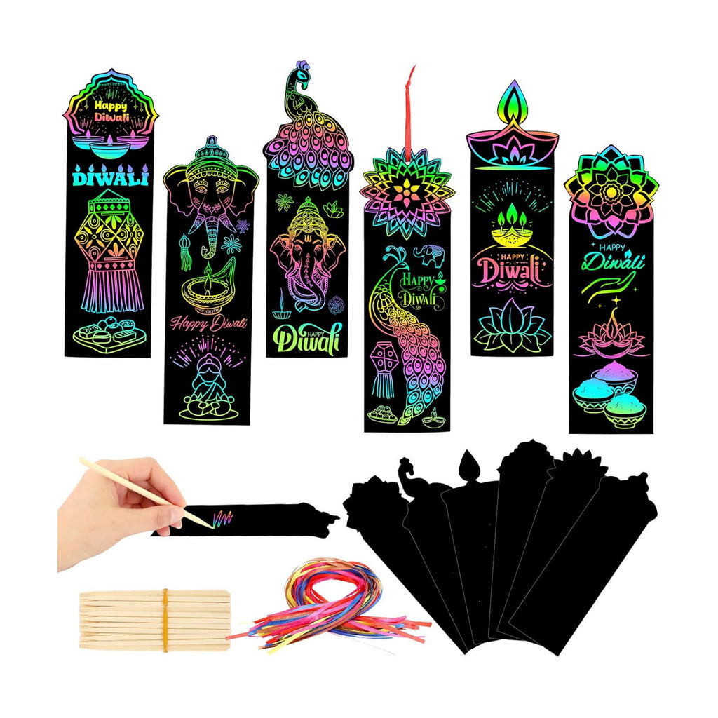 AUGSUN 96Pcs Diwali Scratch Art Bookmarks Indian Crafts for Kids