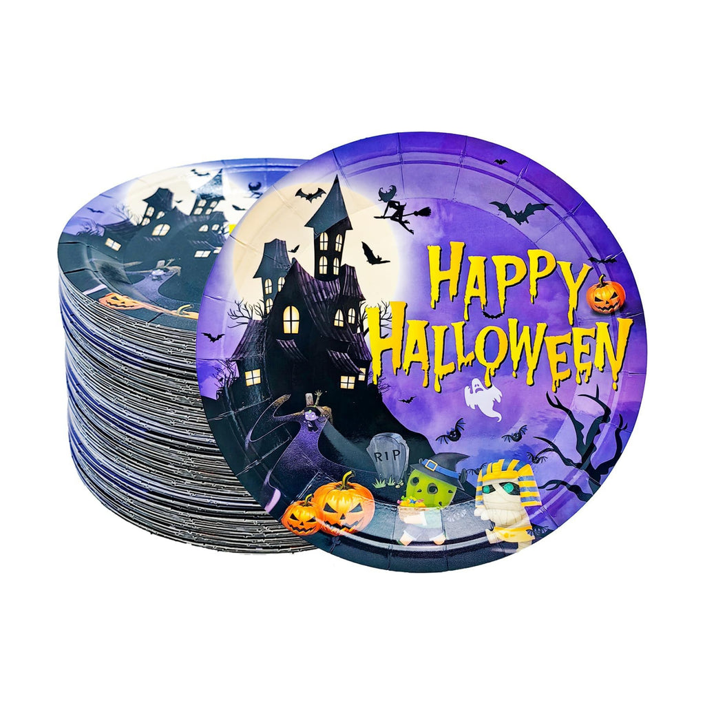 50Pcs Halloween Party Supplies Halloween Paper Plate 7Inch Pumpkin Plates Fall Pumpkin Monster Paper Plates for Haunted House Themed Black Orange Fall Birthday Party Decorations (Purple)