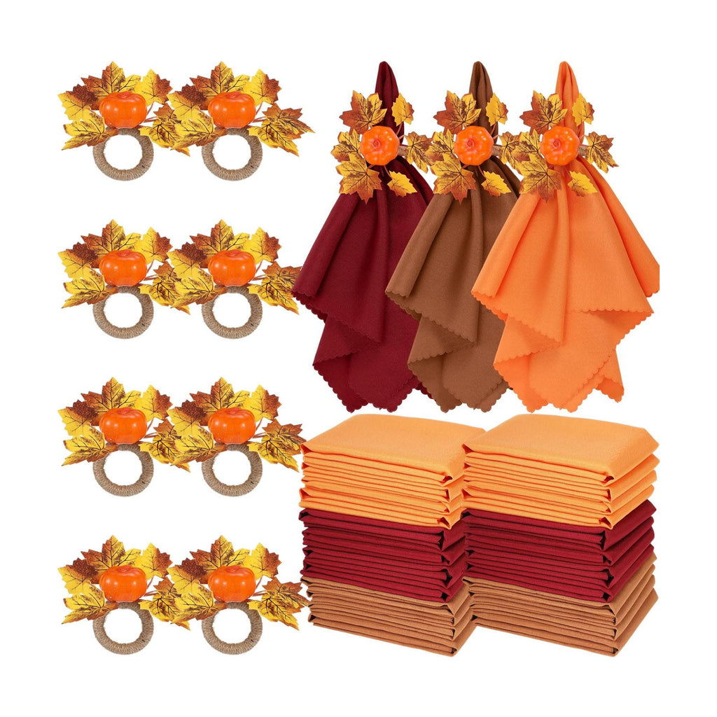 LemonRoad 36 Pcs Fall Cloth Napkins and Napkin Ring Holders, Autumn Reusable Fabric with Wooden Maple Leaf Pumpkin Napkin Rings for Thanksgiving Table Decor Fall Banquet Holiday Dinner Party Supply