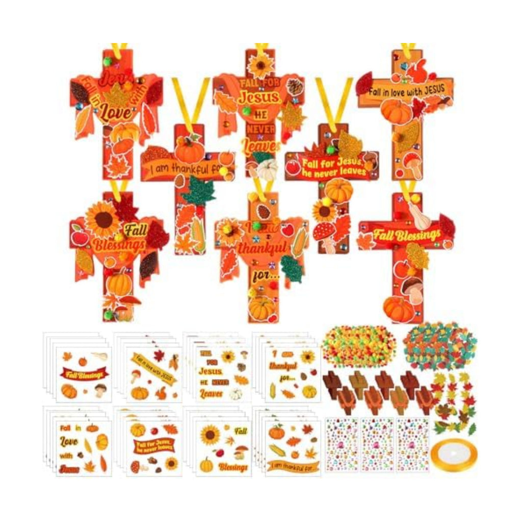 Funrous 48 Sets Fall Christian Kit Bulk Thanksgiving Cross Paper Crafts Religious Jesus Blessing Hanging Ornaments with Glitter Leaf Pompoms Stickers for Sunday School Classroom Activity Church