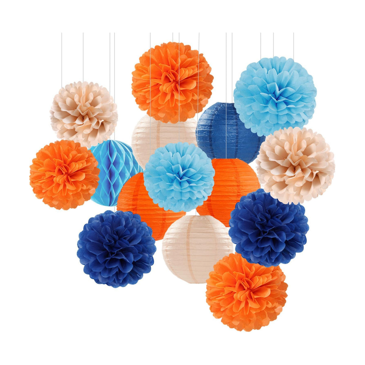 Navy-Blue Orange Champagne Party-Decorations Paper-Flowers - 15pcs Fall Birthday Baby Bridal Shower Tissue Pom Poms Lanterns Streamers Honeycomb, Wedding Bachelorette Hanging Supplies Decor Hugfond