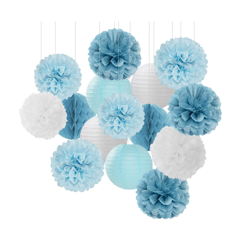 Dusty-Blue White Party-Decorations Paper-Flowers Lanterns - 15pcs Birthday Baby Bridal Shower Tissue Pom Poms Streamers Honeycomb, Boy Men Wedding Bachelorette Hanging Supplies Decor Hugfond