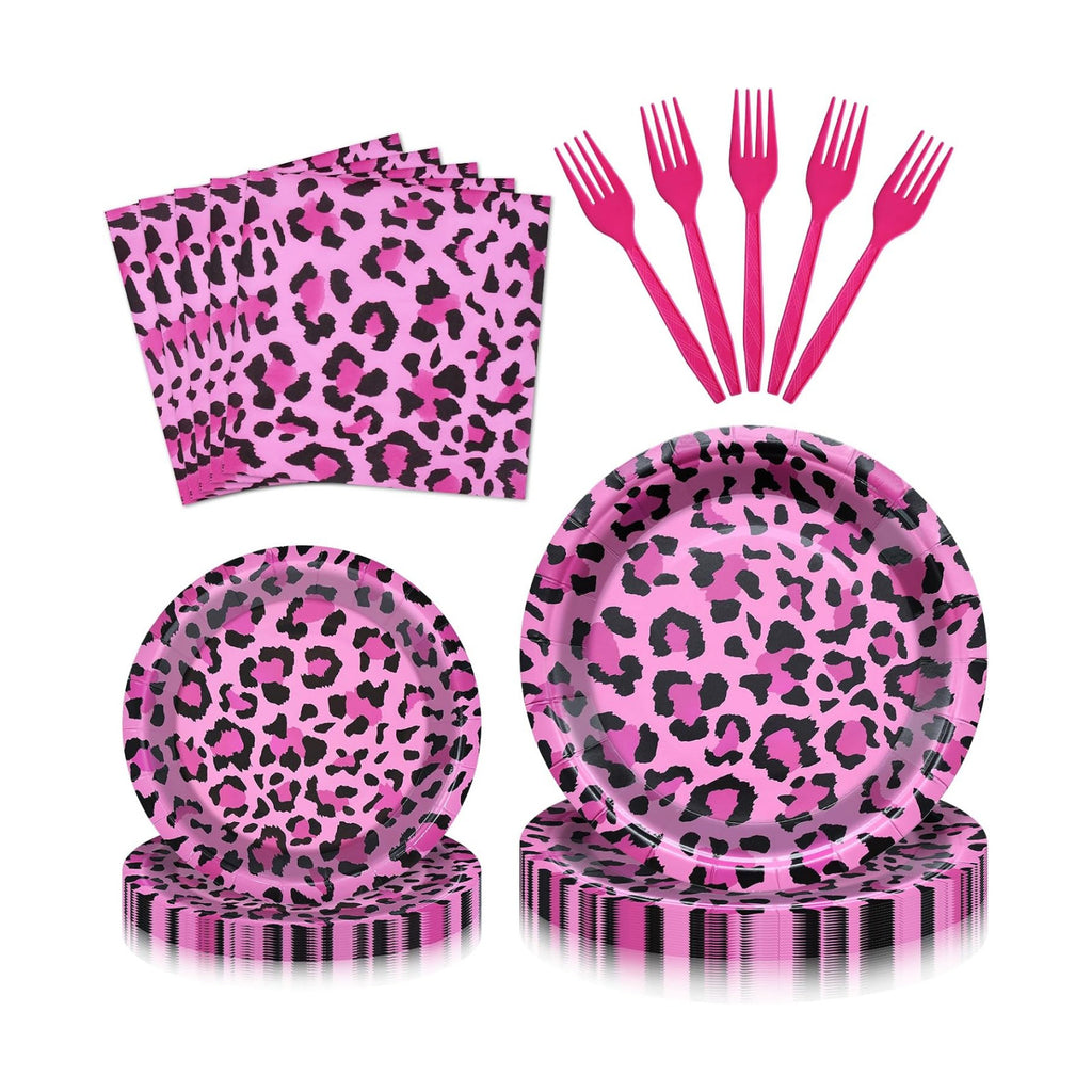 100 Pieces Pink Leopard Print Party Tableware Set – Hot Pink Cheetah Plates, Napkins and Forks, Disposable Dinnerware for Girls Birthday, Baby Shower and Safari Party Supplies