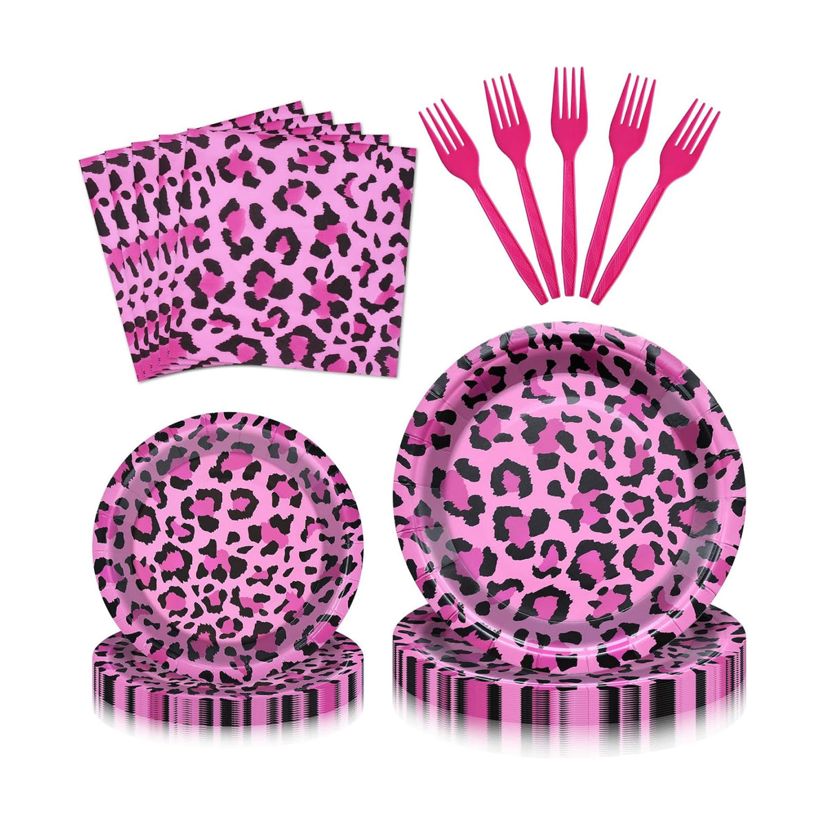 100 Pieces Pink Leopard Print Party Tableware Set – Hot Pink Cheetah Plates, Napkins and Forks, Disposable Dinnerware for Girls Birthday, Baby Shower and Safari Party Supplies