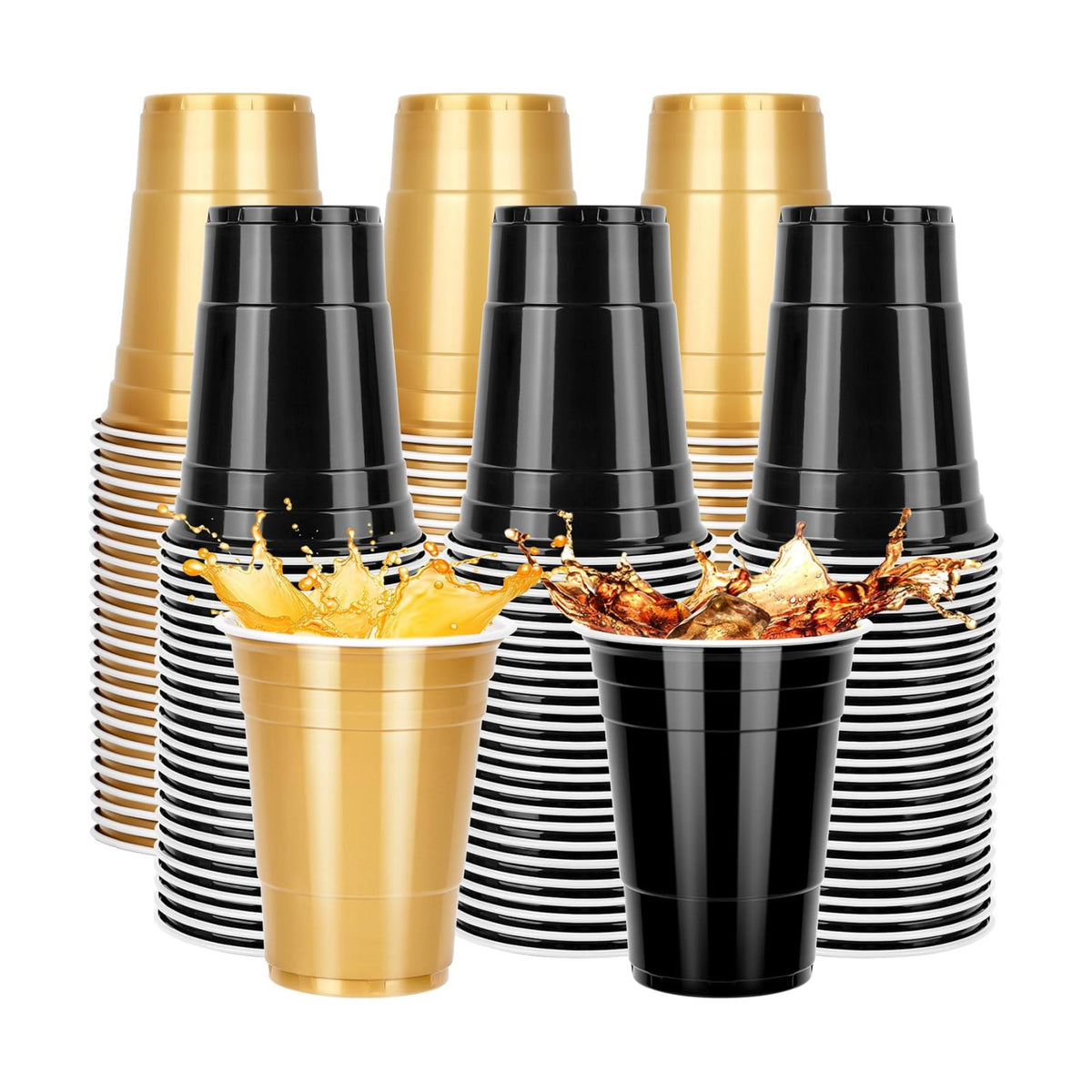100 Pack Halloween Black and Gold Cups 16 oz, Disposable Plastic Party Cups