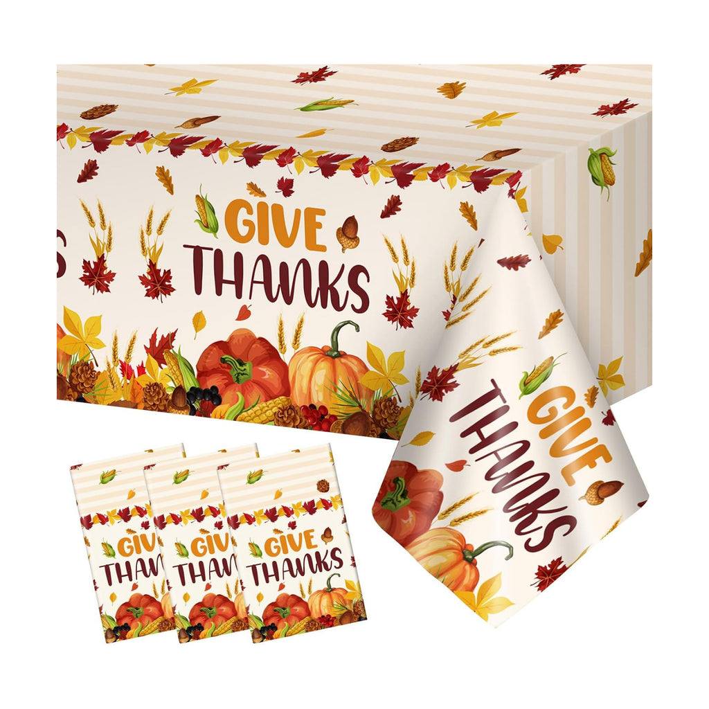 3 Pcs Thanksgiving Tablecloth Disposable - Give Thanks Tablecloths, Maple Leaves Pumpkin Fall Table Cloth Plastic Rectangle Table Cover for Thanksgiving Party Decorations Supplies Favors, 54x108 Inch