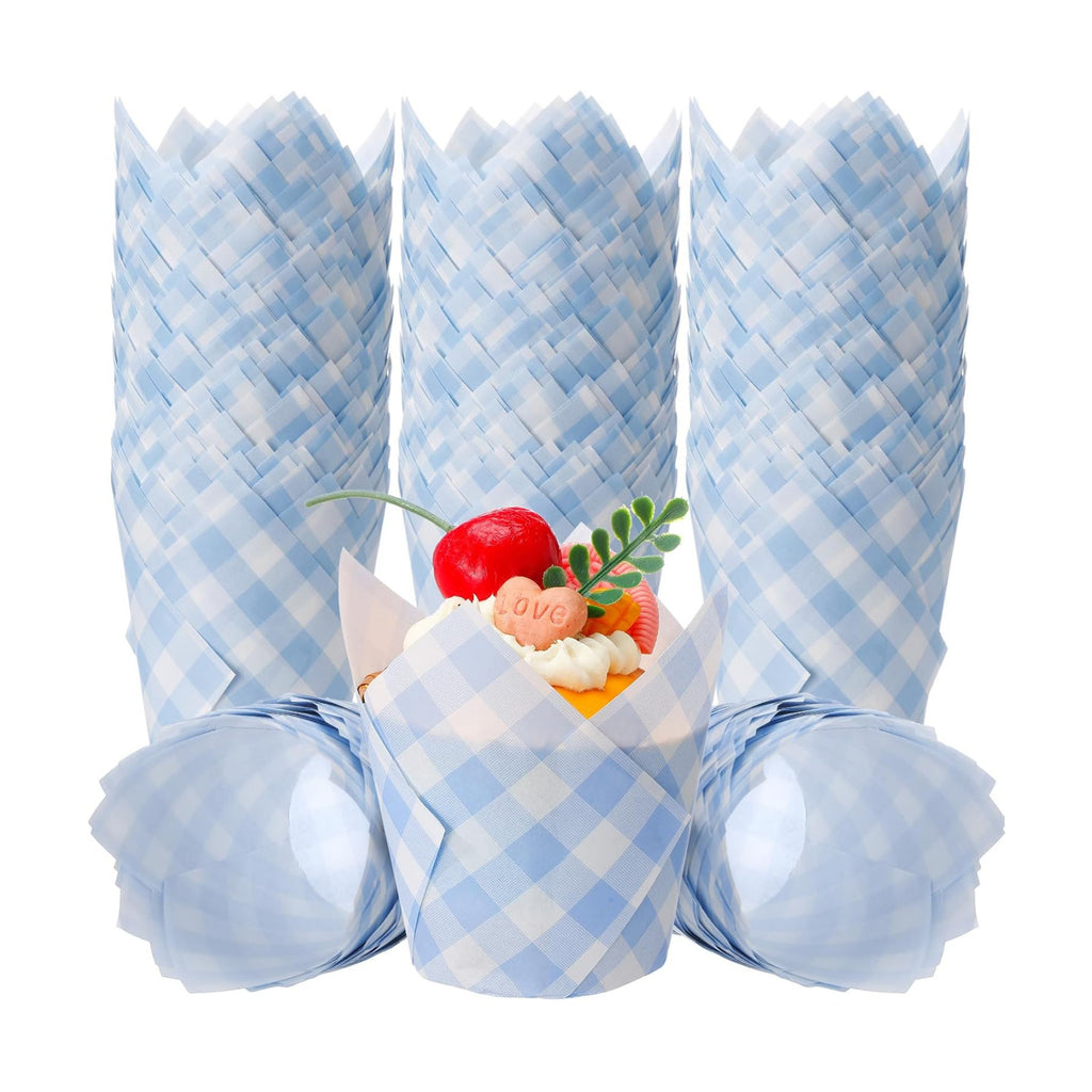Maxdot 200 Pcs Blue Gingham Tulip Cupcake Liners for Baking Plaid Paper Muffin Baking Cups Checkered Tulip Muffin Liners Wrappers for Bridal Baby Shower Wedding Birthday Party Decor