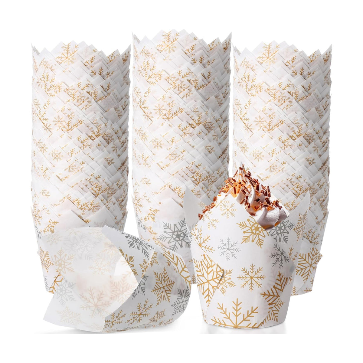 Maxdot 200 Pcs Winter Snowflake Tulip Cupcake Liners for Baking Silver Gold Snowflake Paper Muffin Baking Cups Christmas Tulip Muffin Liners Wrappers for Xmas Winter Birthday Party Supplies