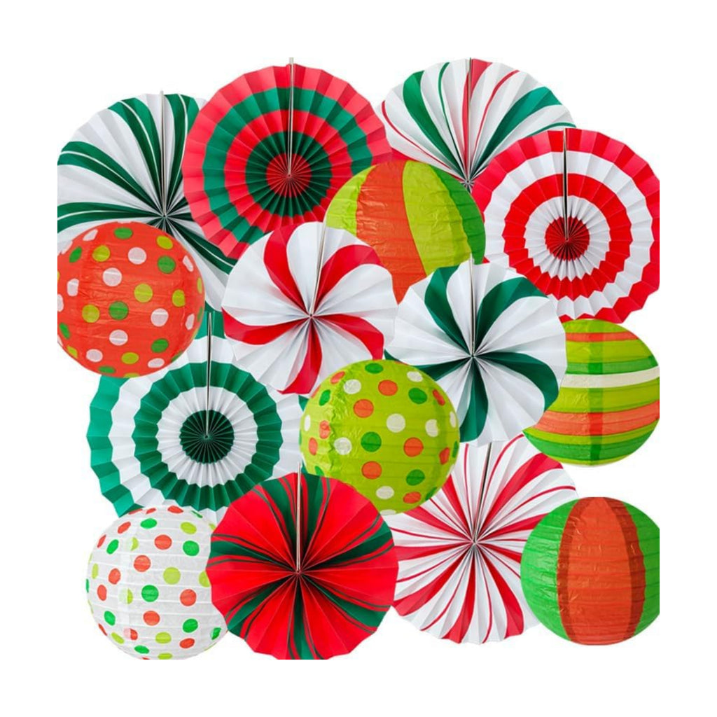 15 Pcs Christmas Candy Party Hanging Decorations – Red Green White Peppermint Paper Lanterns and Honeycomb Fans Set for Holiday Home Wall Ceiling Décor, Winter Birthday, Xmas Backdrops