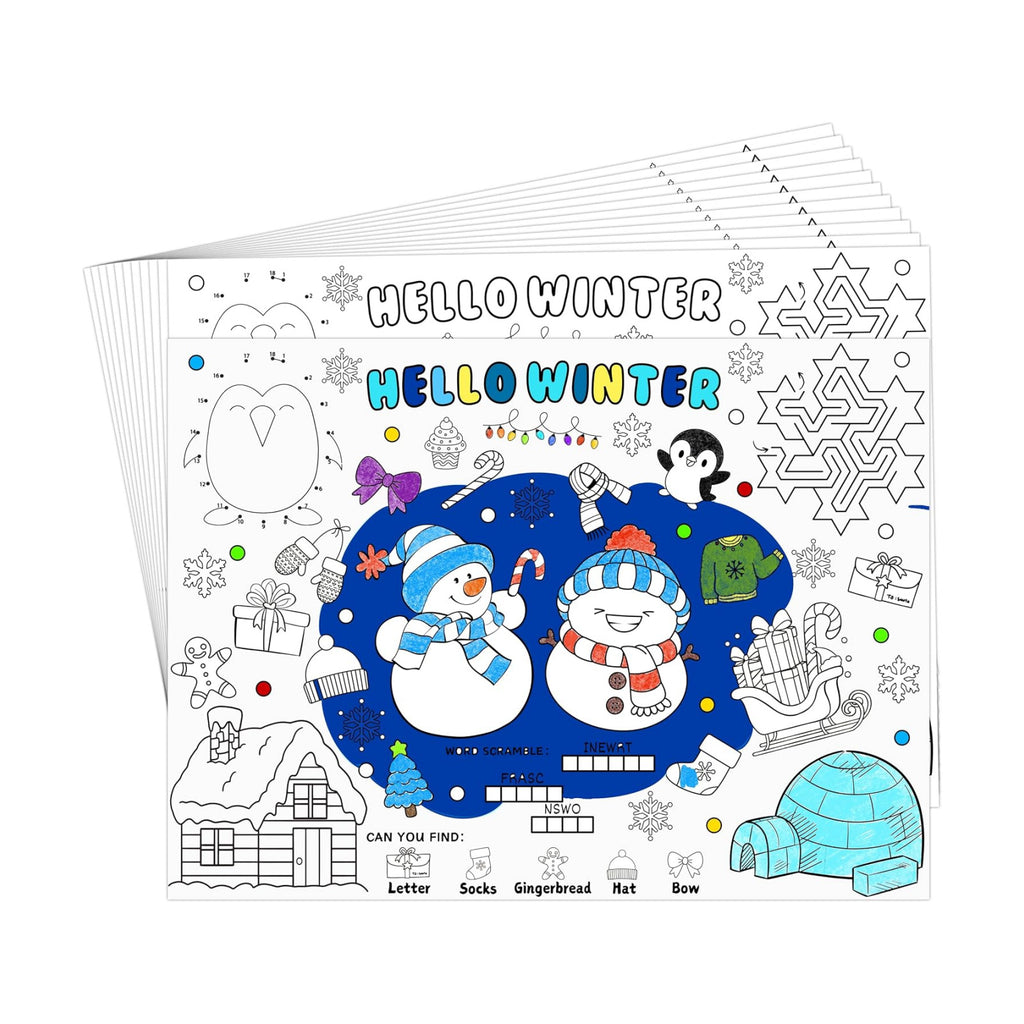 45pcs Winter Coloring Placemats for Kids Disposable Coloring Poster Hello Winter Gifts School Classroom Activities Chirstmas Paper Table Mats