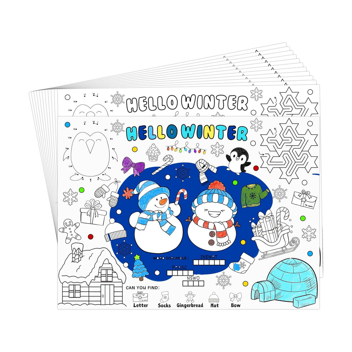 45pcs Winter Coloring Placemats for Kids Disposable Coloring Poster Hello Winter Gifts School Classroom Activities Chirstmas Paper Table Mats